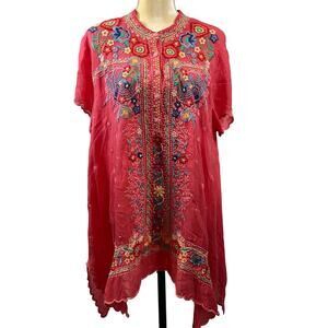 Johny Was Mikones Tunic Top Coral Floral Embroidered Size XL